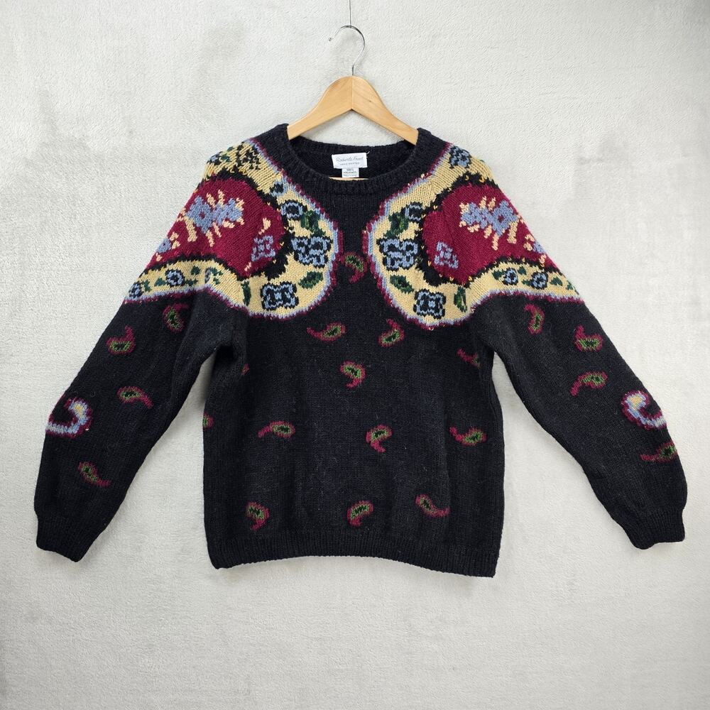 Vintage Roberta Frost Wool Knit Sweater Women Small Black Paisley Floral Cottage - Picture 2 of 7